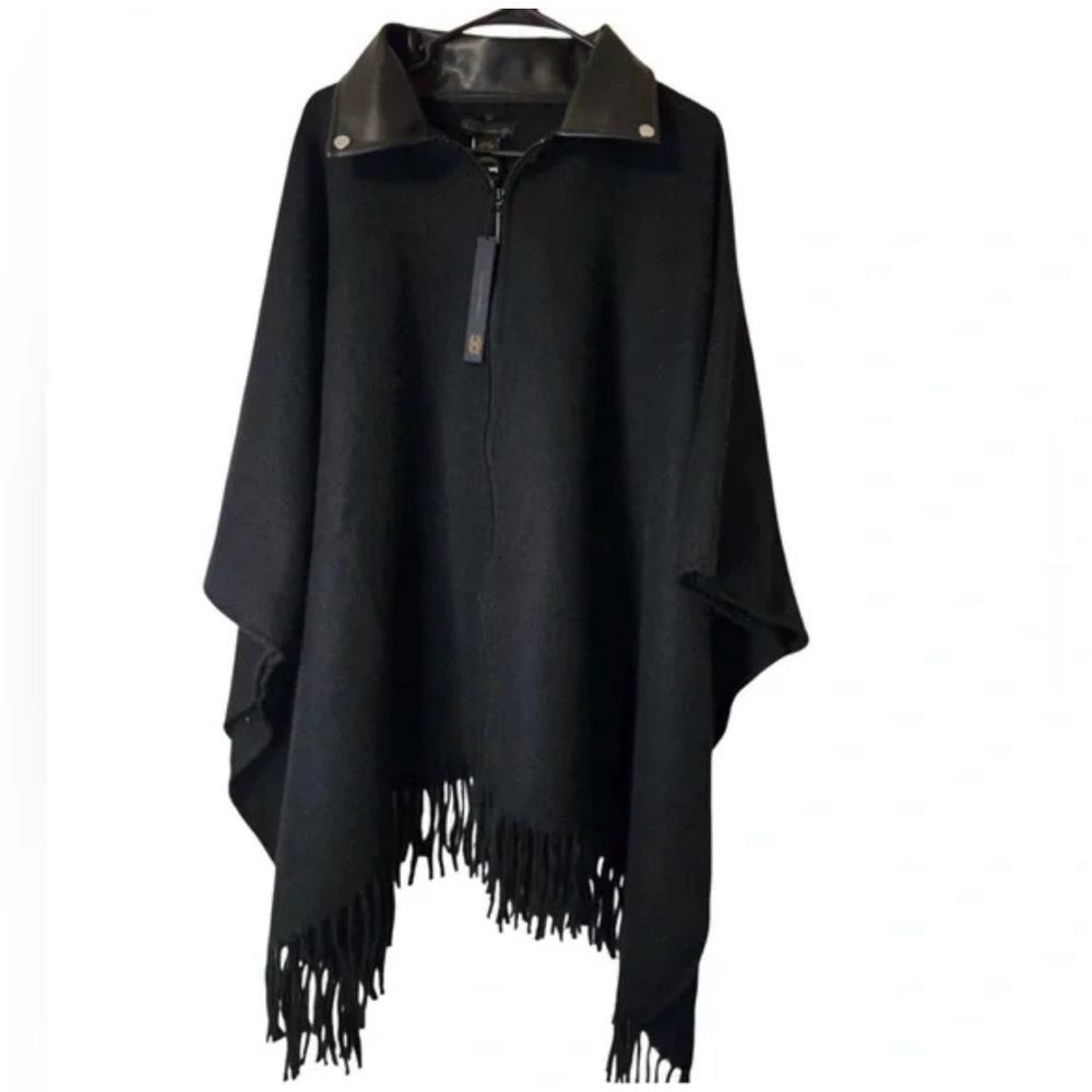 House of Harlow 1960 Black Fringe Poncho with faux Leather Collar